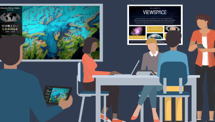 Illustration showing a group of adults using ViewSpace for training. A ViewSpace World of Change video is on the wall, along with a ViewSpace exhibit poster. One person is using a tablet to watch the video. Others are using laptops and mobile phones.