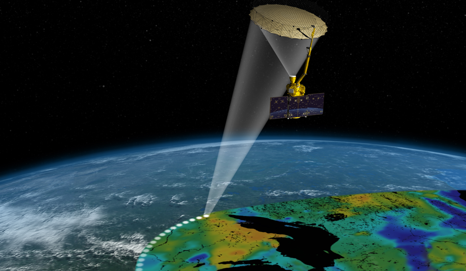 Top half is the black background of space. Earth appears in the lower half, with its curvature splitting the scene. A satellite appears at top center. Small white circles appear where the satellite has mapped locations on Earth, appearing in a curved row. The one on the right looks like a spotlight that connects to the satellite that appears above.