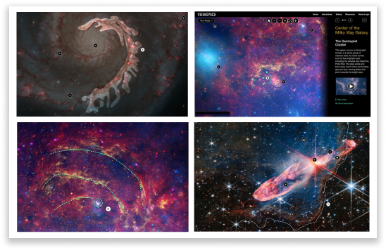 4 screenshots arranged in a 2 by 2 grid. Each includes a space telescope image with clickable pins, which appear as small black-and-white circles with plus-signs, and overlay graphics. Top left: Galaxy with part of a spiral arm highlighted and the rest of the galaxy dimmed. Active pin beside highlighted area. Inactive pins mark 4 other features. Top right: Colorful image of stars, gas, and dust, with active pin near center. Bright object circled, with arrows pointing toward feature traced with dashed line. To right of image is a column with title, explanatory text, and video. Along top of screen are menu, navigation buttons, and other controls. Bottom Left: Zoom-in to part of image in top-right screenshot, with different pin and different features marked with dashed lines. Bottom Right: Star with bright jets extending in opposite directions, and active pin next to edge of smoky cloud traced with dashed line. 4 other features marked with inactive pins.