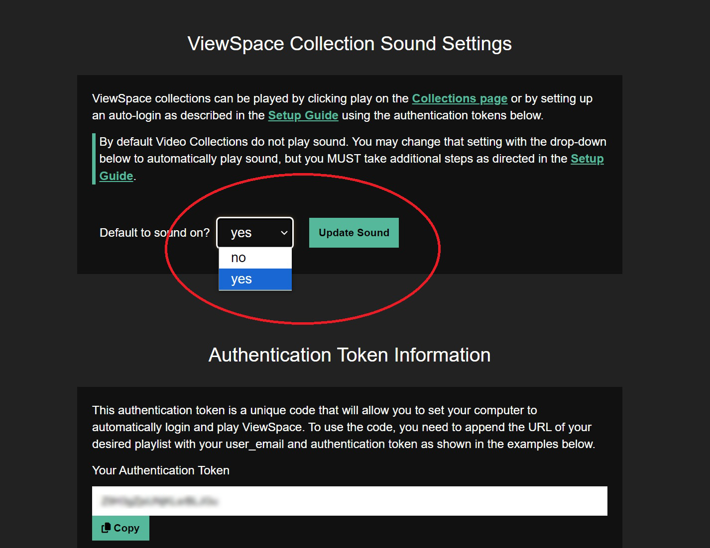 Screenshot of the “ViewSpace Collection Sound Settings” section on the User Profile page. At left is the question “Default to sound on?” To the right of the question, a red oval highlights the drop-down menu where “yes” is selected, and the green button that is labeled “Update Sound.”