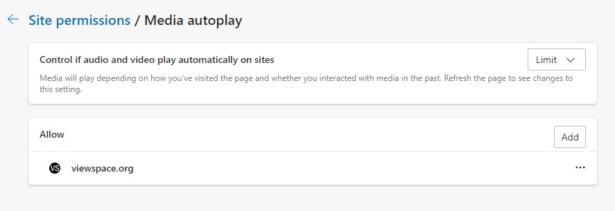Screenshot of Microsoft Edge’s site permissions and media autoplay settings. In the bottom half portion of the image is a section labeled “Allow.” Viewspace.org is listed underneath this section.