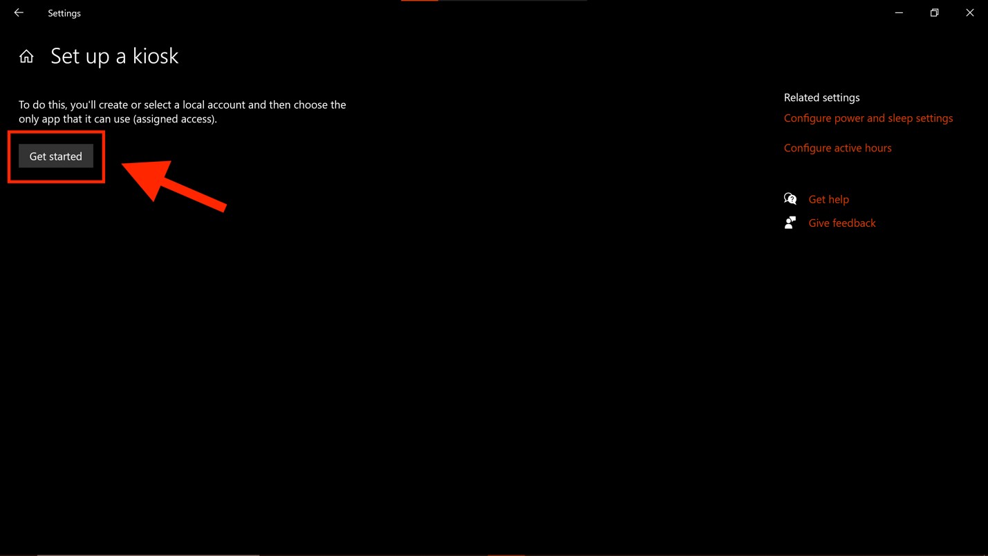 Screenshot of the “Set up a kiosk” window as seen on a Windows computer. A large red arrow points to the “Get started” button, which is highlighted by a red rectangle.