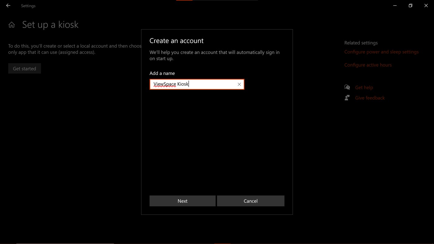 Screenshot of a pop-up window that says “Create an account.” Further below, underneath the “Add a name” section, is a white rectangle outlined in red with text that reads “ViewSpace Kiosk.”