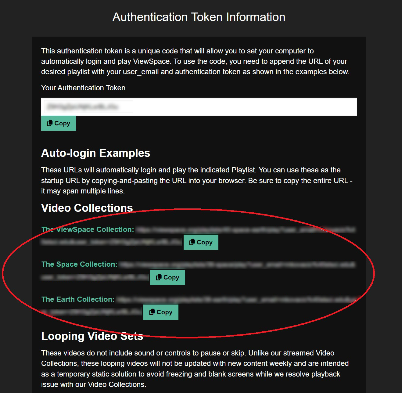 Screenshot of the “Authentication Token Information” section on the User Profile page. A red oval circles the auto-login URLs for The ViewSpace Collection, The Space Collection, and The Earth Collection under the "Auto-login Examples" heading.