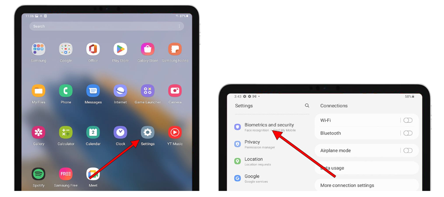 Images of two Samsung tablet screens side by side, with a red arrow pointing to the Settings shortcut icon on the home screen on the tablet pictured to the left. The screen on the right shows the Settings page opened on the tablet with a red arrow pointing to the top section on the left-hand side, labelled Biometrics and Security.